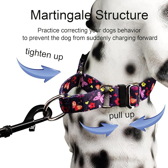 Martingale Collar with Buckle Purple Nylon Adjustable Cute Girl Female Dog Collars (Butterfly Floral, Large)