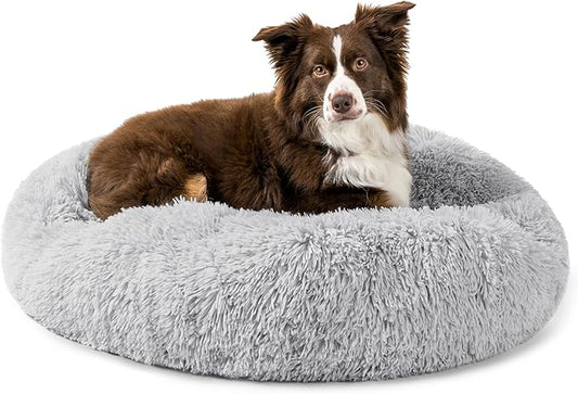 PetAmi Calming Dog Bed for Small & Medium Dogs, Cats & Puppy, Warming Round Donut Cuddler Bed, Anti-Anxiety Fluffy Shaggy Faux Fur Pet Bed, Machine Washable, Non-Slip Bottom, 30 Inch - Light Gray