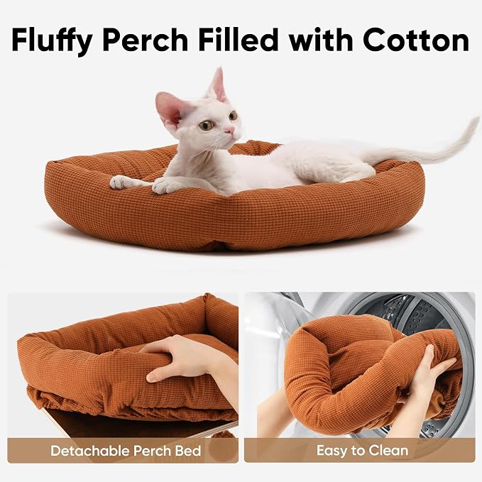 FUKUMARU Cat Scratching Post, Retro-Style Tall Scratch Posts with Perch for Indoor Cats Adults, Large Cat Scratcher Tower with Bed, Natural Sisal & Solid Wood