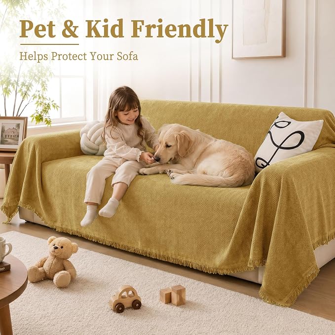 hyha Couch Cover for Dogs, Boho Sofa Covers for 3 Cushion Couch Washable, Chenille Sofa Slipcover for Pets, Soft Loveseat Sectional Couch Throw Blankets with Tassels (Yellow, 88.5x118 Inch)