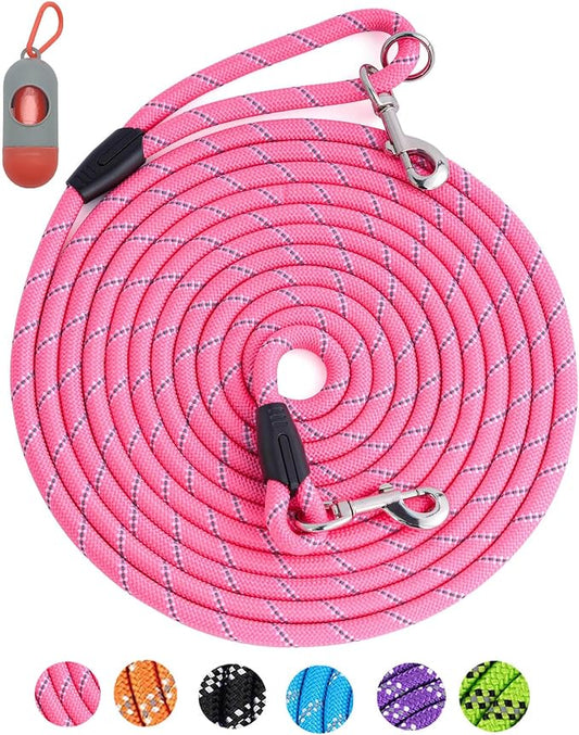 Long Dog Leash for Training - 16FT/30FT/50FT/100FT, Reflective with Lockable Hook, Heavy Duty for Large/Medium/Small Dogs - Pink 50FT