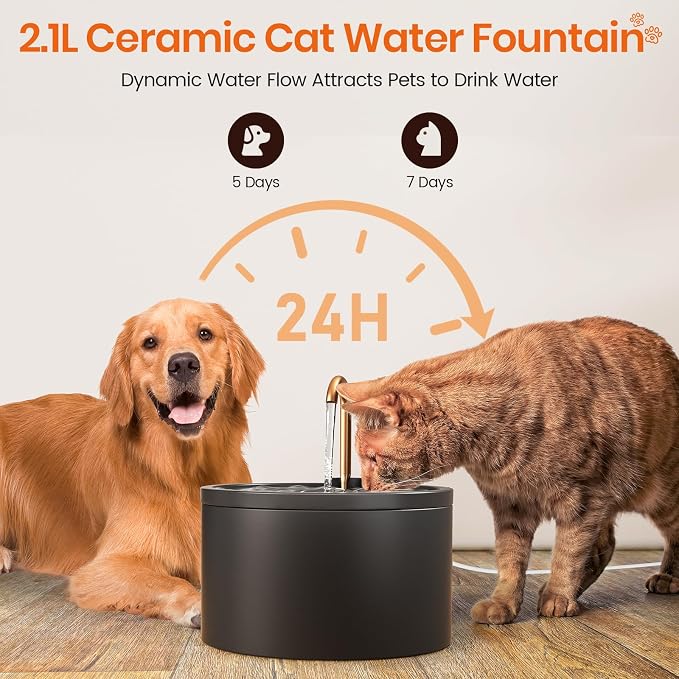 MISFANS Ceramic Cat Water Fountain - 2.1L/71oz - All-Ceramic Body & Pure Copper Water Spout - Non-Toxic - Automatic Pet Drinking Fountain Indoor with Ultra-Quiet Pump, and 3Pcs Filter & Sponge (Black)