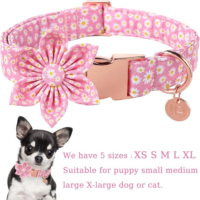 Summer Dog Collar with Flower, Cotton Cute Flower Dog Collar, Pink Flower Collar for Puppy Boy Girl Dog or Cat, Comfortable Blue Dog Collar with Metal Buckle, XS