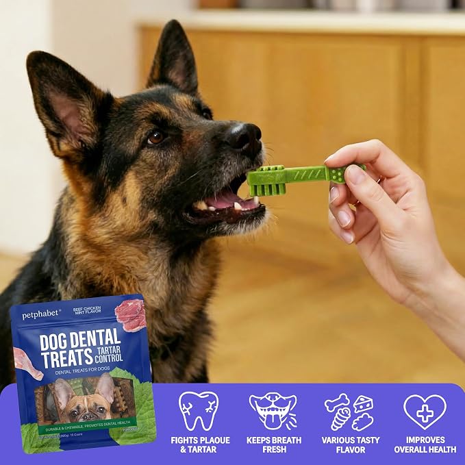 PETPHABET Dental Chews for Dogs, 3 Flavor Dog Dental Treats Fresh Mint Chicken & Beef Flavor for Medium Large Breed, Teeth Cleaning Chew Sticks for Bad Breath and Tartar Control, 15 Count Variety Pack