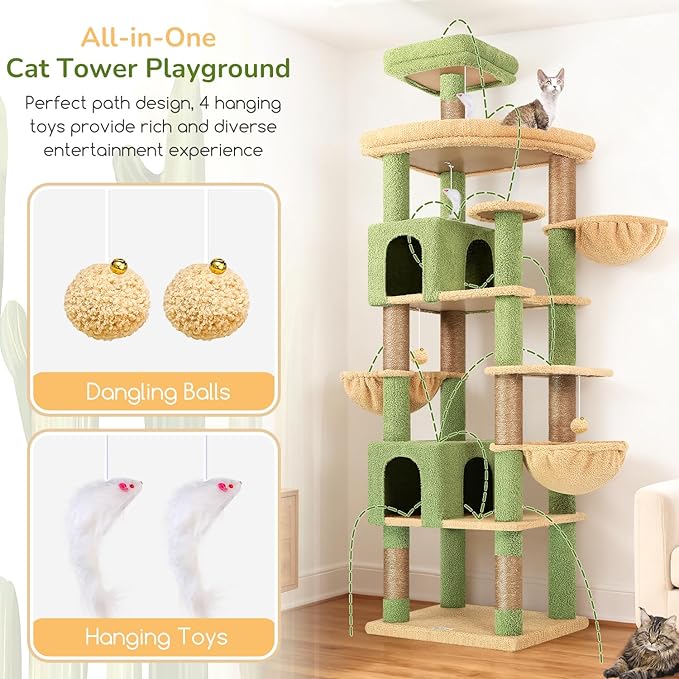 Globlazer Extra Large Cactus Cat Tree Tower, 82in Tall Heavy Duty Cat Tree for Indoor Cats Large Adult Big Cat Tower with 8 Scratching Posts, 2 Cat Condos, 2 Top Perches, 3 Hanging Baskets, S82, Green