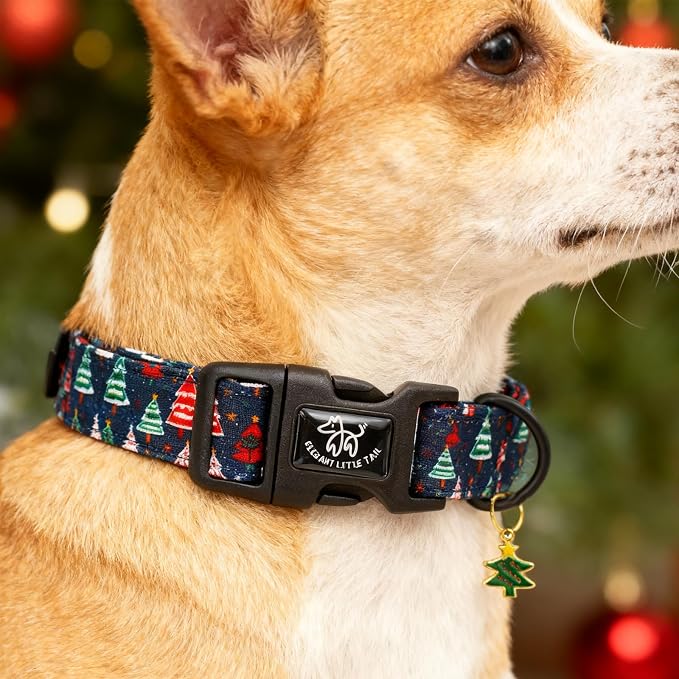 Elegant little tail Christmas Dog Collar - Christmas Tree Red Pet Collar Cotton Soft Plastic Buckle Sturdy Puppy Collars Holiday Female or Male Adjustable Collar for Large Dogs