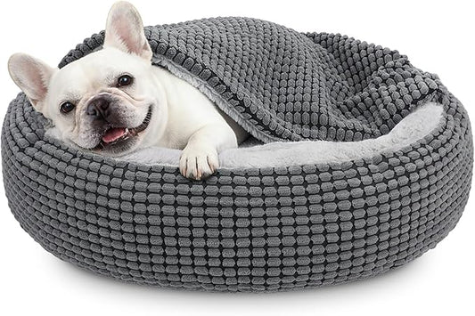 Dog Bed with Attached Blanket for Small Dogs or Cats, Soft Plush Cozy Donut Cuddler Hooded Pet Beds Washable. Round Puppy Bed Orthopedic, Calming Cat Cave Bed. Anti-Slip Bottom 26inch