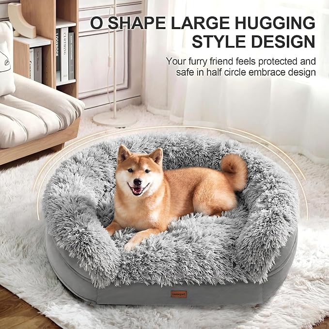 iweepet Fluffy Claiming Orthopedic Dog Beds for Large & Extra Large Dogs, Supportive Dog Sofa Bed with 3.7 inch 28D Egg-Crate Foam, Removable Washable Plush Cover, Waterproof Lining,44’’,Grey