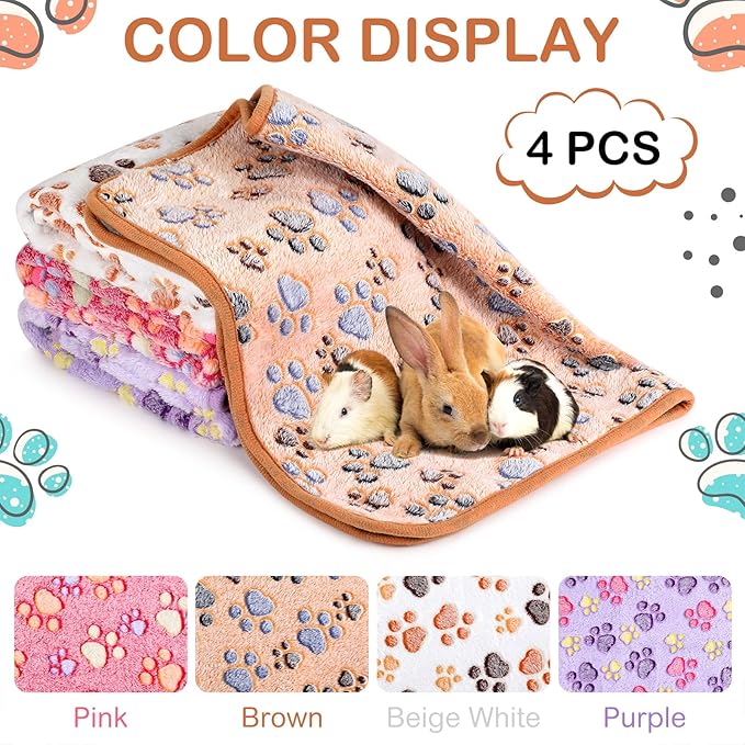 Reginary 4 Pcs Waterproof Guinea Pig Blankets Washable Small Animal Fleece Bedding Absorbent Guinea Pig Cage Liners Reusable Training Pee Pad Pet Sleep Mat for Hamster(Paw Print,35 x 24 Inch)