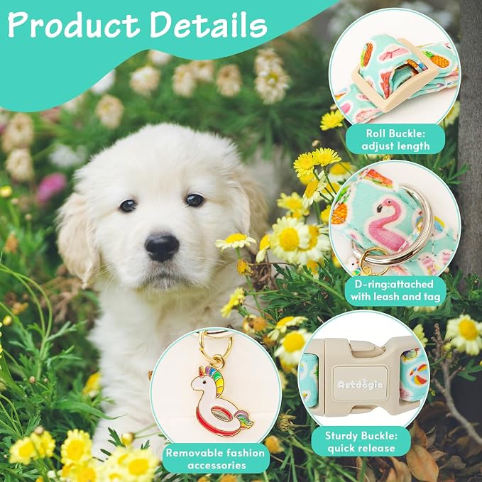 Tropical Summer Dog Collar，Handmade Cotton Puppy Collars with Hawaiian Themed Pattern, Adjustable Collar for Small Medium Large Dogs,for Daily Walks, Photos，Beach & Vacation-XS