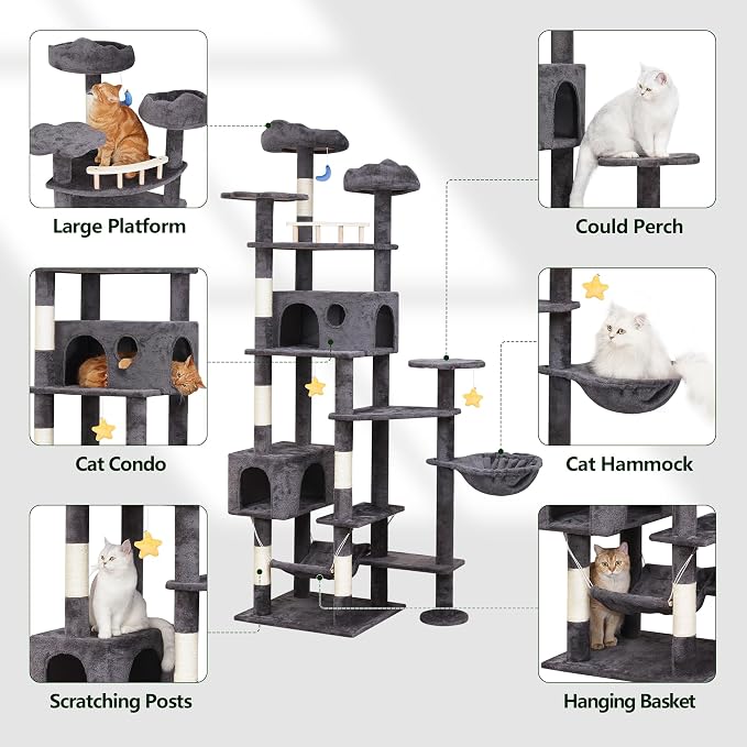 Meecal 79in Giant Cat Tree for Heavy Duty Big Cats, Large Cat Trees with Scratching Post, Cat Tree Tower with Cat Condos, Hammock & Plush Perch for Maine Coon, Smoky Gray