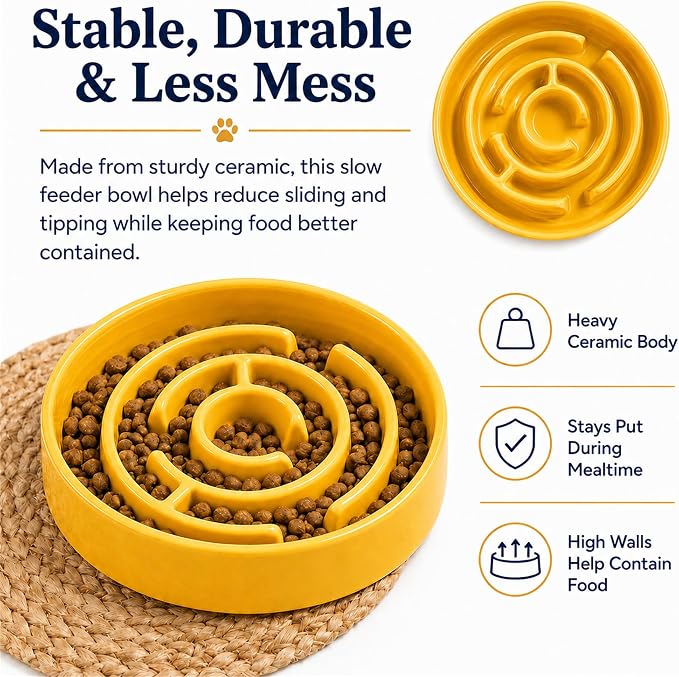 Slow Feeder Dog Bowls, Silicone Dog Bowl with Anti-Slip, Slow Feeder & Non-Slip Design, Boredom and Anxiety Reducer, Suitable for All Breed Dogs and Cat (Ceramic-Yellow)