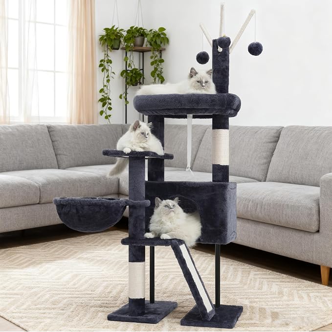 Gitelsnour Cat Tree for Indoor Cats, Cat Tower with Scratching Post for Small Cats and Kittens, Cat House with Removable Top Platform and Fluffy Balls, Hanging Cat Basket, Smoky Gray GCT006SG