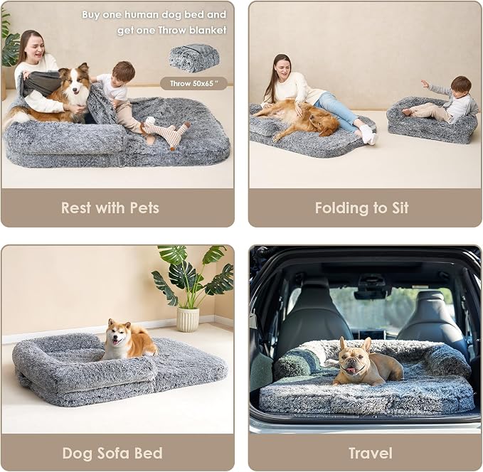 EHEYCIGA Foldable XL Dog Bed, 46"x34"x6.5" Faux Fur Fluffy Pet Couch Bed for Large Dogs, Orthopedic Calming Memory Foam Big Pet Bed, Washable Soft Pet Sofa Bed with Non-Slip Bottom, Grey