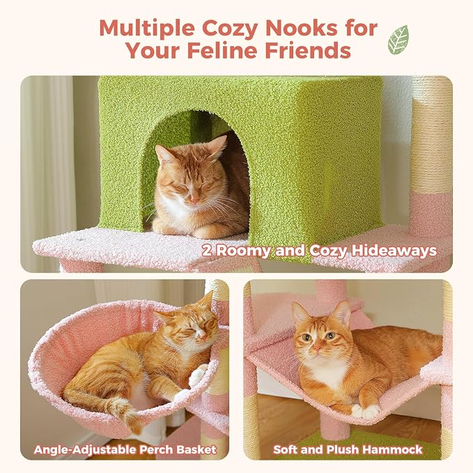 MUTTROS Flower Cat Tree Tall 70.8" for Adult Indoor Cats, 8-Levels Large Cat Tower with 8 Sisal Posts, 2 Hammocks, 2 Condos, Big Perch & 3 Pom Poms for Multi-Cats Household – Carpet Pink