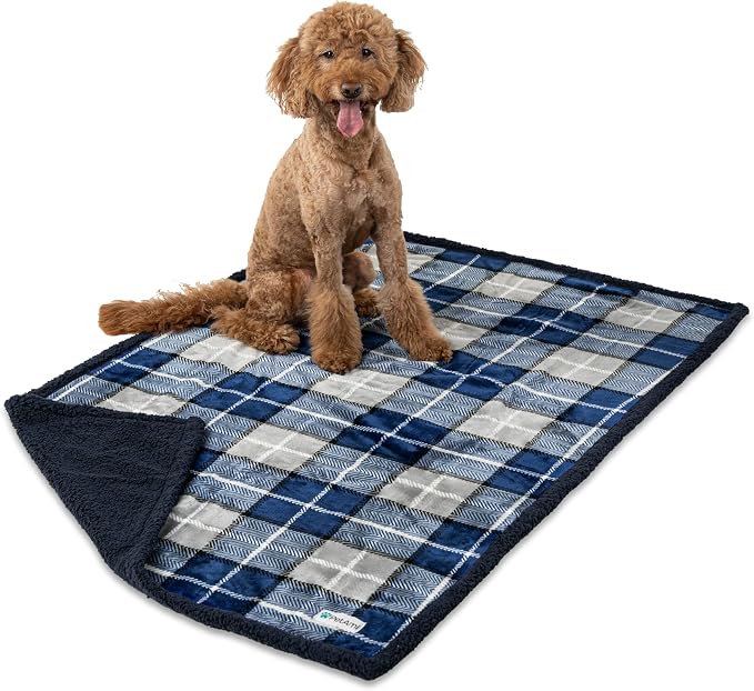 PetAmi Waterproof Dog Blanket for Couch, Extra Large 80x60, Pee Proof Sherpa Fleece Reversible Pet Throw, Furniture Protector for Bed Sofa Crate Kennel, Soft Washable Cover for Dogs, Plaid Blue
