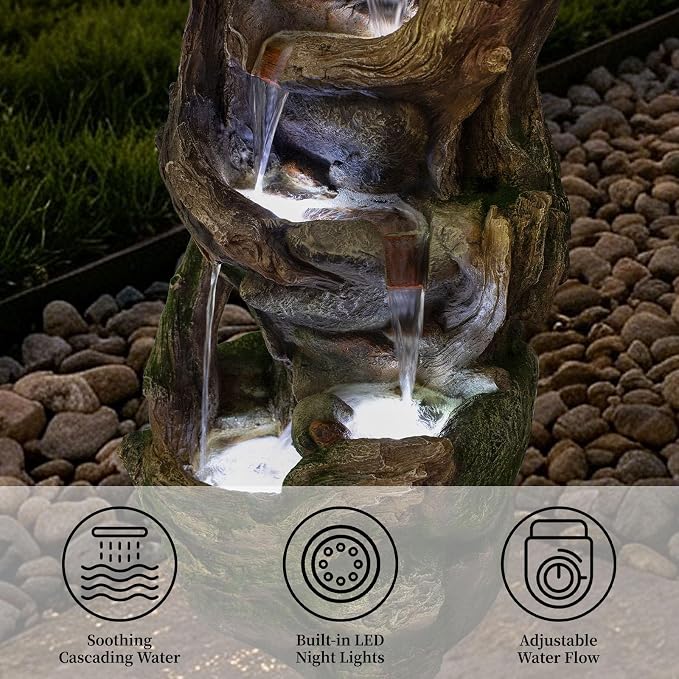 Solarbloom 38.6" H Outdoor Fountains, Multi-Tier Rock Tree Trunk Outdoor Water Fountain with LED Lights, Freestanding Cascading Waterfall for Garden, Patio, Backyard, Porch Decor