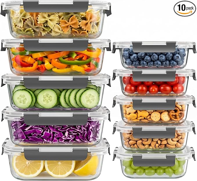 Dealusy 10 Sets (20-Piece) 4.5 Cup & 1.5 Cup Glass Food Storage Containers with lids, Airtight Leak-proof Glass Meal Prep Containers with Lids, Microwave Oven Freezer Dishwasher Safe, Gray