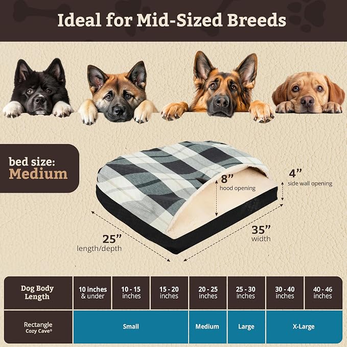 Snoozer Rectangle Cozy Cave Dog Bed - Indoor Dog Bed with Cover Cave, Covered Calming Burrow for Small & Medium Sized Pets with Blanket Attached, Enclosed, Washable Cover - Medium, BarkleyBlackDiamond