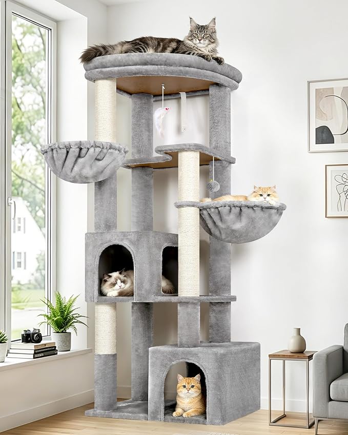 Globlazer 64in Corner Cat Tree for Large Indoor Cats, Space Saving Multi-Level Cat Tower with 2 Condos, 2 Hammocks, 4 Sisal Scratching Posts, C64, Light Grey