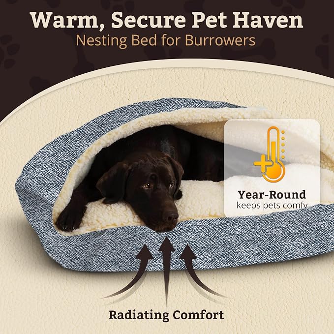 Snoozer Rectangle Cozy Cave Dog Bed - Indoor Dog Bed with Cover Cave, Covered Calming Burrow for Large Sized Pets with Blanket Attached, Enclosed, Washable Cover - XL, Palmer Indigo