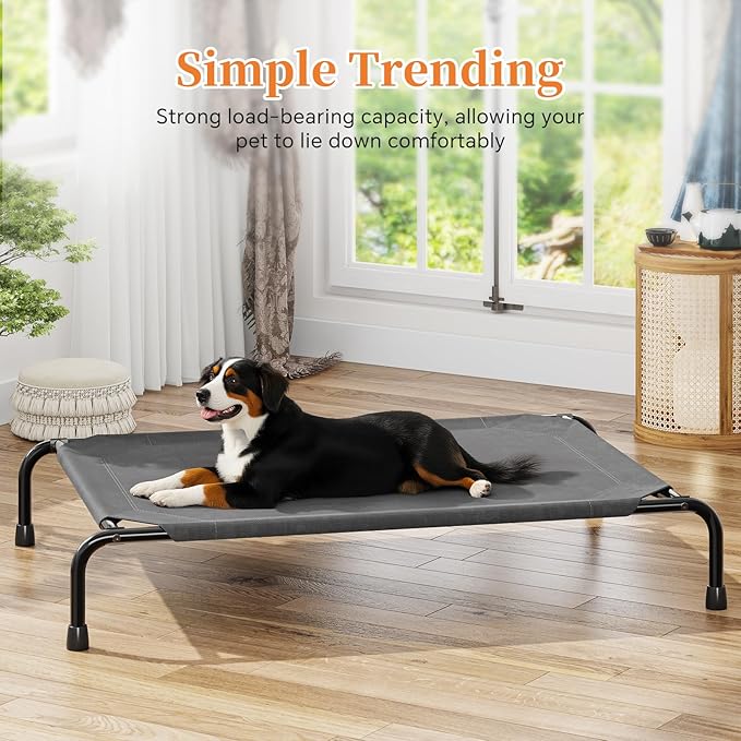 Simple Trending Raised Dog Bed for Large Dogs, Waterproof Elevated Dog Cot for Outdoor, Cooling Breathable Pet Hammock Bed, 47.75" x 30.5", Dark Grey