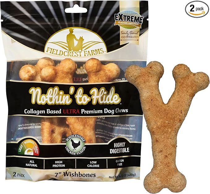Fieldcrest Farms Nothin' to Hide Collagen-Based Dog Chews, Wishbone, Chicken Flavor, Ultra-Premium, for Dogs Over 50lbs, Easily Digestible, Supports Skin, Coat, Joints & Muscles, 7-Inch, 2 Pieces