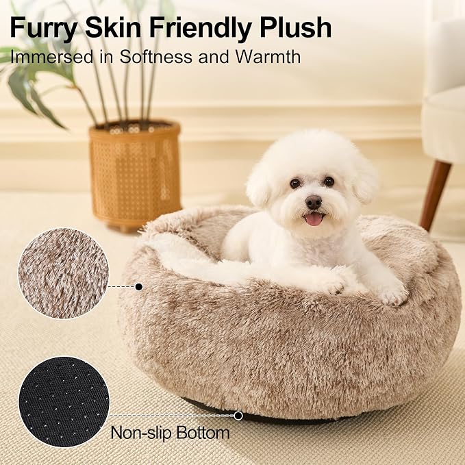 Calming Dog Beds & Cat Cave Bed with Hooded Cover,Removable Washable Round Beds for Small Medium Pets,Anti-Slip Faux Fur Fluffy Coved Bed for Improved Sleep,Fits up to 15/25 lbs(Medium,24"x24")