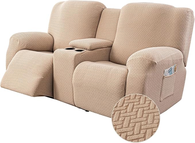Genina Recliner Loveseat Covers with Console, Stretch Reclining Sofa Covers, 2 Seater Couch Cushion Stripe Jacquard Recliner Slipcovers - Furniture Protector Covers for Pet(Khaki)