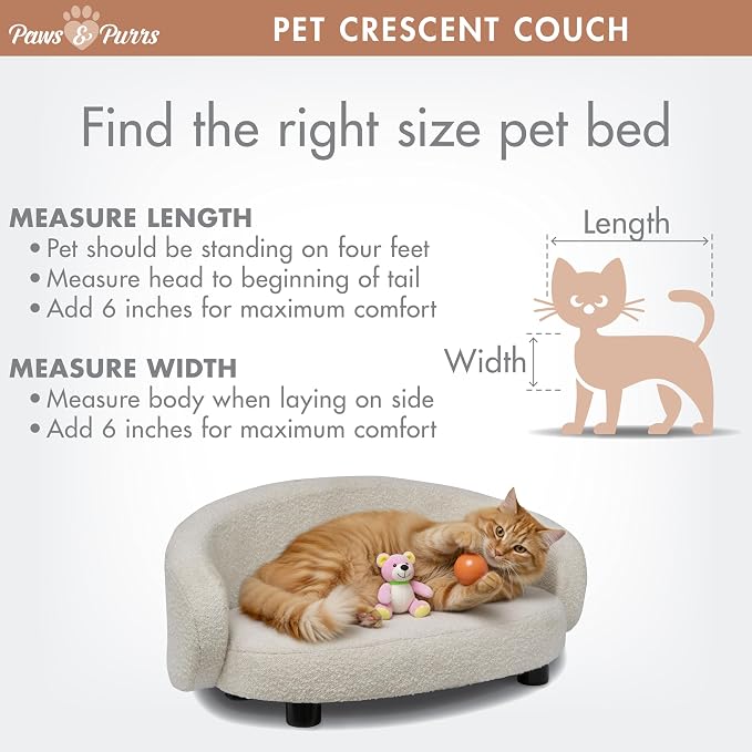 Paws & Purrs Arc Crescent Back Sofa Style Pet Bed, Dog & Cat Modern Couch with Tufted Cushion & Armrest, Stylish Indoor Pet Furniture, Boucle Ivory