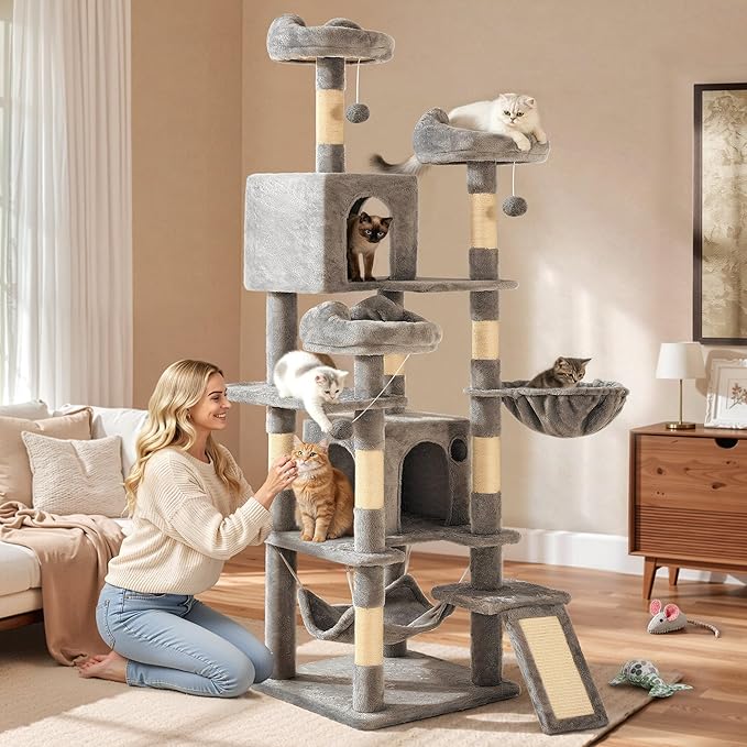 YITAHOME 75-Inch Tall Cat Tree Indoor: Multi-Level Kitten Tower with Kitty Condos, Top Perches, Sisal Ramp, Scratching Posts & Cozy Basket Hammocks Pet Play House Light Gray