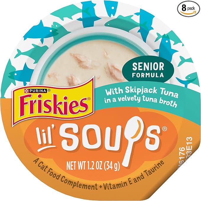 Purina Friskies Grain Free Senior Lickable Cat Food Toppers Lil’ Soups with Skipjack Tuna in a Velvety Tuna Broth - (Pack of 8) 1.2 oz. Cup