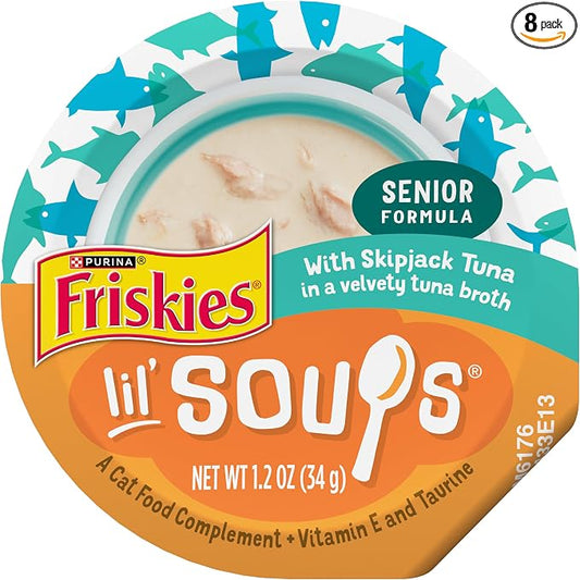 Purina Friskies Grain Free Senior Lickable Cat Food Toppers Lil’ Soups with Skipjack Tuna in a Velvety Tuna Broth - (Pack of 8) 1.2 oz. Cup