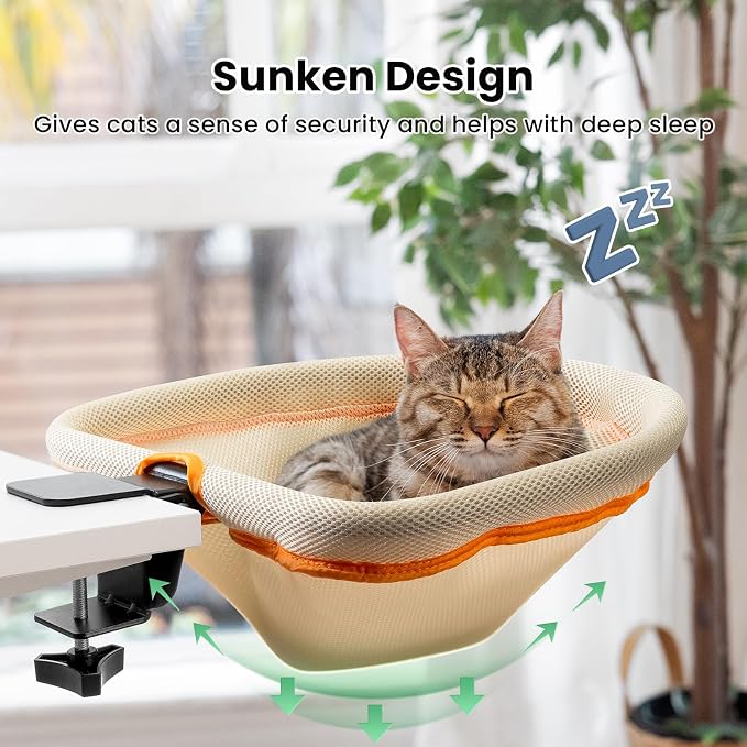 JUNSPOW Cat Desk Bed - One-Click Folding, Sunken Design & Space-Saving Semi-Circular Cat Bed, Mesh Cover Material, Suitable for Various Desktops-Maximum Hold Up to 40lb