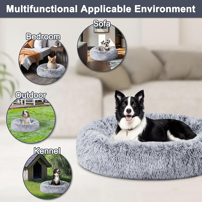ELSKER&HOME Calming Donut Dog Bed, Washable Warming Soft Round 46 Inches for Large Dogs, Anti-Anxiety Fluffy Plush Cushion Fits up to 160 lbs Pets, Gradient Blue