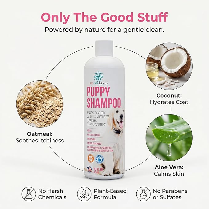 16 fl oz Tearless Puppy Shampoo and Conditioner - Dog Shampoo Itchy Skin Relief - Coconut Oil Oatmeal Shampoo for Dogs - Hypoallergenic Dog Shampoo Sensitive Skin, Made in the USA.