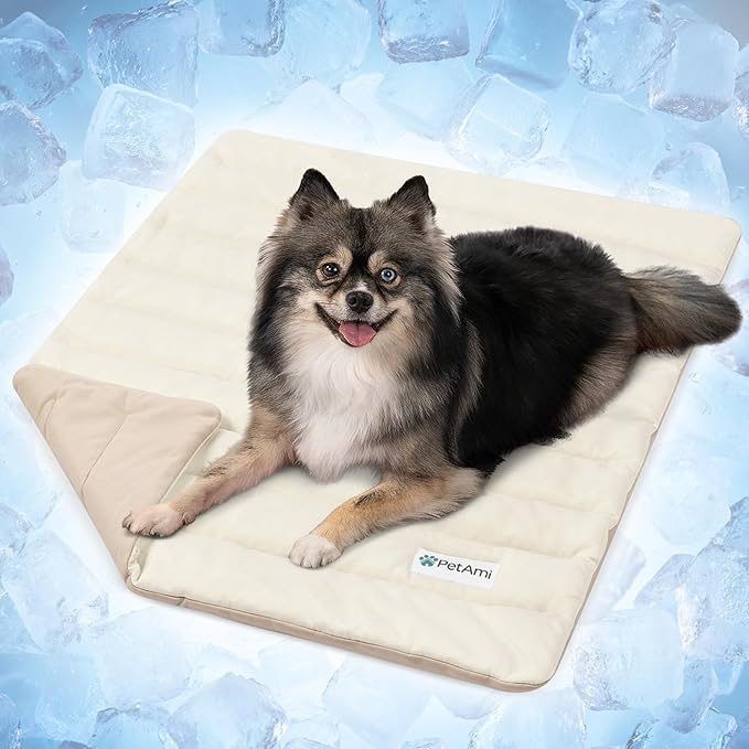 PetAmi Dog Cooling Mat, Q-Max Pet Cooling Blanket with Thick Cushioning, Self Cooling Pad for Dogs & Cats, Reversible Summer Mat for Crate, Couch, Kennel, Taupe/Beige, Medium (29x40)