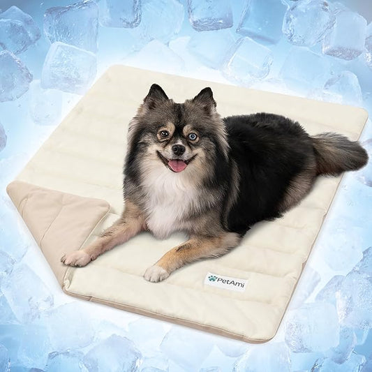 PetAmi Dog Cooling Mat, Q-Max Pet Cooling Blanket with Thick Cushioning, Self Cooling Pad for Dogs & Cats, Reversible Summer Mat for Crate, Couch, Kennel, Taupe/Beige, Medium (29x40)