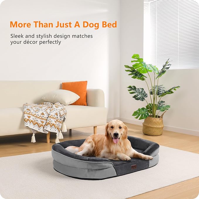 Dwanton Orthopedic Dog Bed for Large Dogs with Gel Memory Foam, Waterproof Dog Sofa, Washable Pet Bed with Four Sided Bolster Cushion, Removable Cover & Non-Slip Bottom, 42", Dark Grey