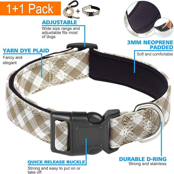 Ladoogo Reflective Dog Collar Padded with Soft Neoprene Breathable Adjustable Nylon Dog Collars for Small Medium Large Dogs (Medium (Pack of 1), Vanilla Plaid Collar+Leash)