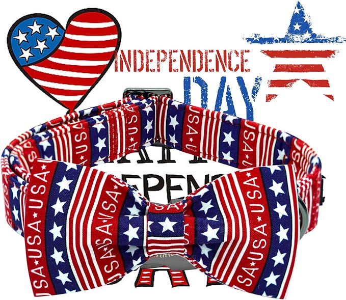 Elegant little tail Independence Dog Collar, Patriotic Pet Collar with Bow Tie American 4th of July Pet Cotton Soft Boy Girl Adjustable Collars for Large Dogs