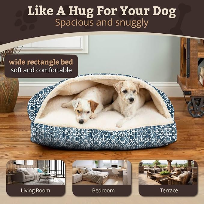 Snoozer Rectangle Cozy Cave Dog Bed - Indoor Dog Bed with Cover Cave, Covered Calming Burrow for Small & Medium Sized Pets with Blanket Attached, Enclosed, Washable Cover - Medium, Ramey Oxford