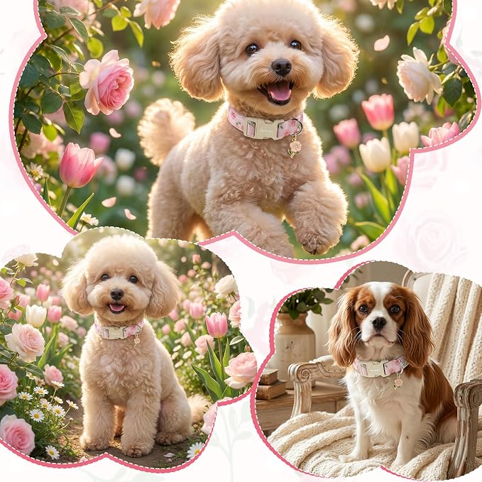 Spring Summer Dog Collar with Pink Rose,Adjustable Cotton Puppy Collars for Small Medium Large Dogs, Cute Girl or Boy Dog Collar Ideal for Gifts,Pet Accessory,M