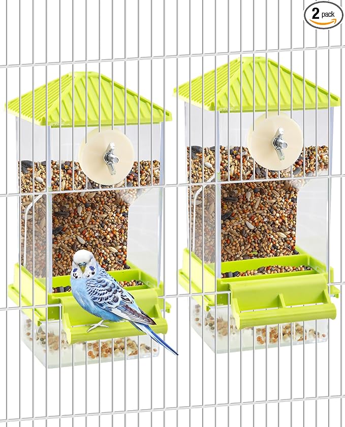 Hamiledyi 2 Pcs Automatic Bird Feeder No Mess Bird Cage Feeder Seed Food Container with Perch Transparent Parrot Cage Accessories for Parakeets, Budgies, Cockatoos, Finches, Lovebirds (Green)