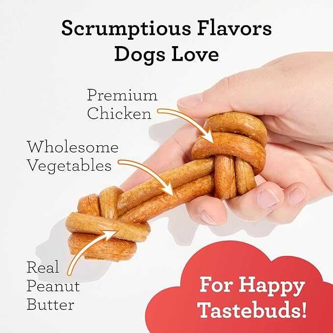 DreamBone CollaYUMS Knots Plus Collagen Chews for Dogs, 8 Count, Treat Your Dog to Rawhide-Free Chews Made with Chicken, Vegetables and Peanut Butter