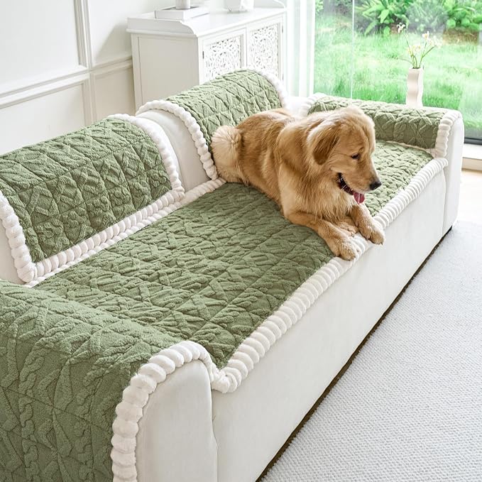 Fuzzy Couch Covers for Dogs, Non Slip Thick Dog Couch Cover Protector, Plush Pet Couch Covers for Sofa Washable, Soft Sofa Cushion Slipcovers Pet Friendly(1PC, Green, 27.6”x82.7”)