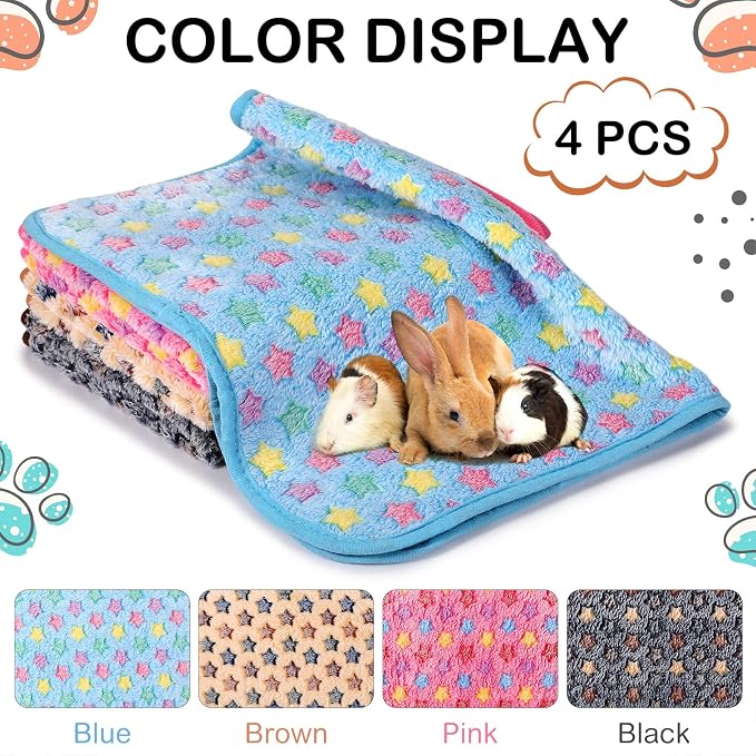 Reginary 4 Pcs Waterproof Guinea Pig Blankets Washable Small Animal Fleece Bedding Absorbent Guinea Pig Cage Liners Reusable Training Pee Pad Pet Sleep Mat for Hamster(Star Pattern,12 x 12 Inch)