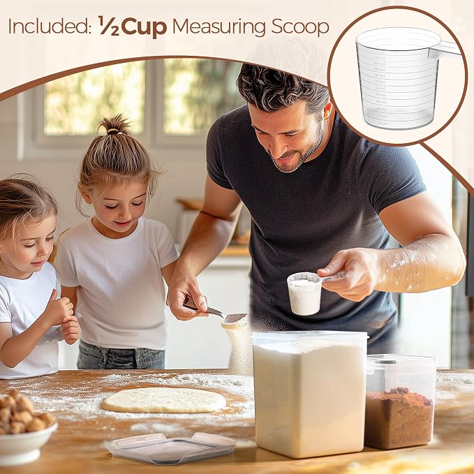 3 PCS Airtight Flour and Sugar Container for Pantry - 5lb Flour Capacity - 7.1 Inch Extra Wide Mouth Square Pantry Storage - Set of 3 (5.2L/5.5Qt) (2.5L/2.6Qt*2) - Stackable Baking Supplies Organizer