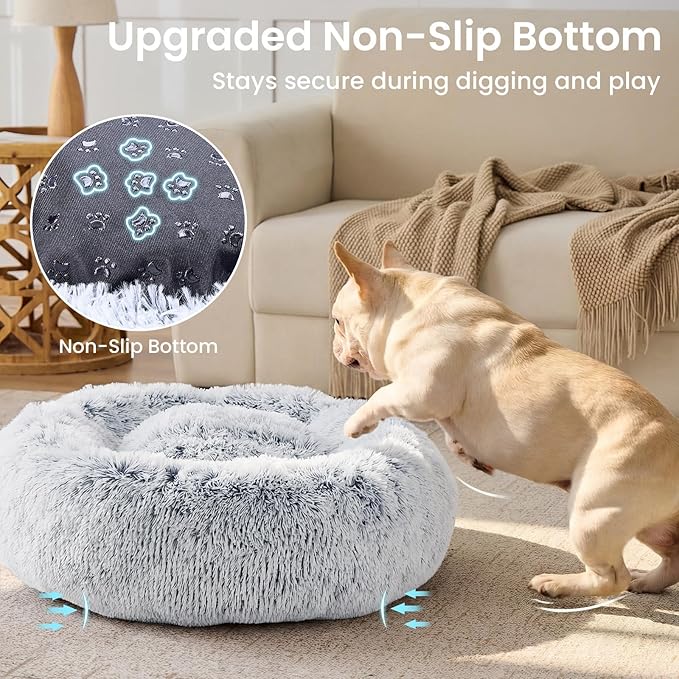 JOLLYVOGUE Small Dog Bed, Calming Dog Beds for Small Dogs & Indoor Cats - 20 Inches Donut Washable Cat Bed for Kittens & Puppies, Round Fluffy Plush Faux Fur Pet Beds(Smoke Grey)
