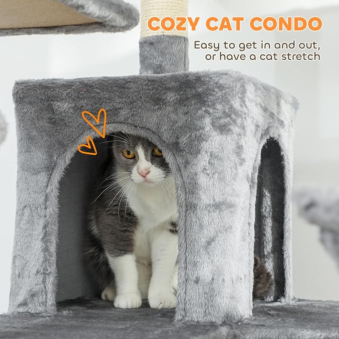 PawHut Flower Cat Tree, 69" Large Cat Tower for Indoor Kittens with 2 Spacious Condos, Sisal Scratching Posts, 2 Hanging Balls, Perches, Ramp, Bed, Dark Gray